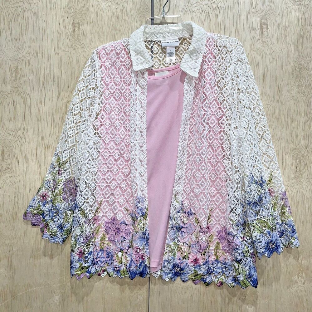 Alfred Dunner White and Floral Border Crochet Lace Open Cardigan Sz L
